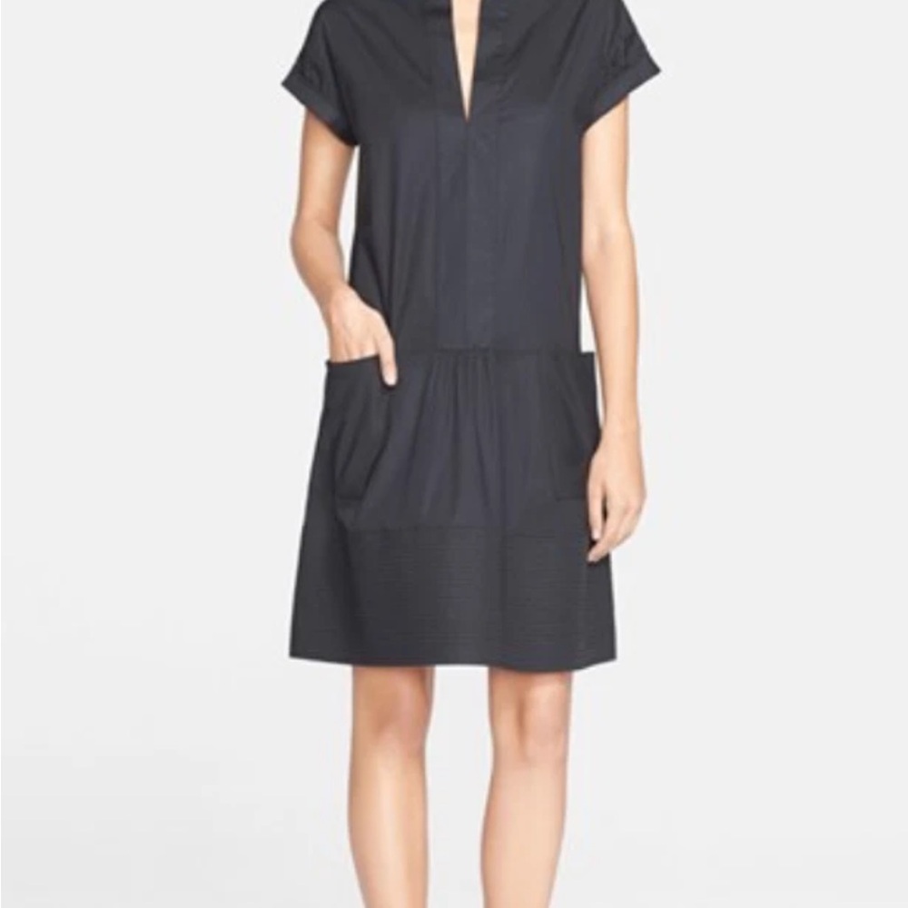 Vince. Roll Sleeve Dress Womens Large Black Shift Cotton Blend Business Capsule